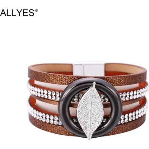ALLYES Metal Leaf Charm Leather Bracelets for Women Bohemian Multilayer Rhinestone Wrap Bracelet Bangle Female Jewelry Gifts