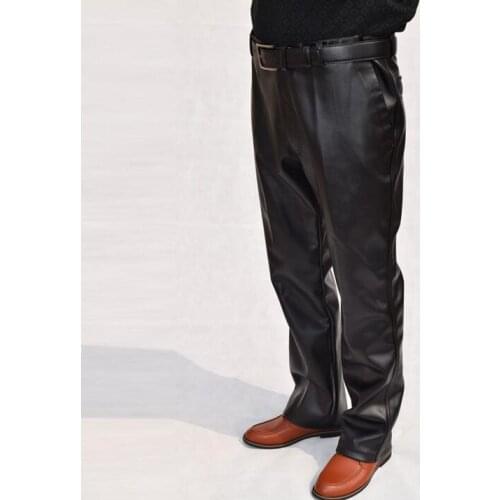 Leather pants mens quinquagenarian plus velvet thicken spring autumn PU pants mens windproof waterproof motorcycle trousers mens