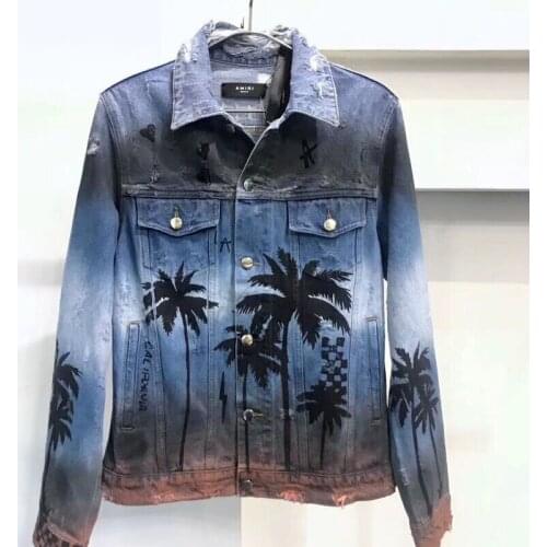 Chaqueta vaquera de Hip Hop, abrigo de otoño a la moda para hombre, ropa de calle estampada con palma de coco, Vaqueros rotos co