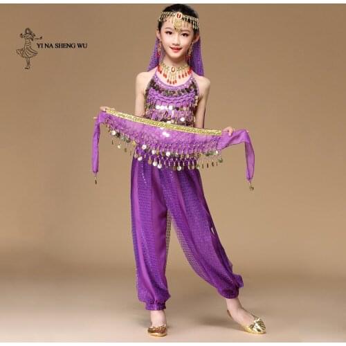 Belly Dance Bollywood Costume Children Belly Dance 5pcs(Top+Pants+Waist chain+Bracelet+Headdress) Indian Dance Clothes Girls