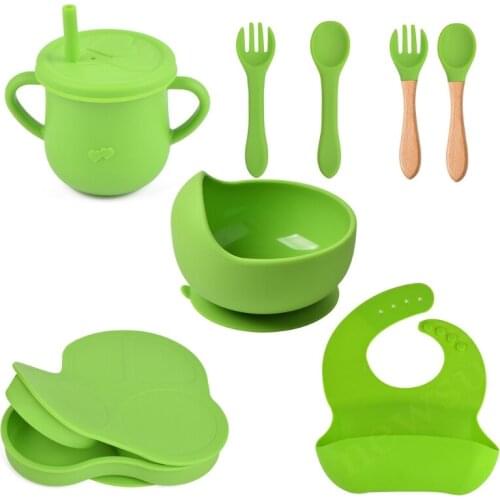 F1CB 8 Pcs Baby Silicone Bib Divided Dinner Plate with Lid Sucker Bowl Spoon Fork Straw Cup Set Training Feeding Food Utensil