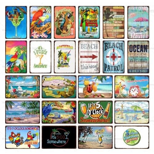 It Is 5 O'clock Somewhere Poster Beach Landscape Animal Metal Plaque Tin Sign Wall Art Decoration for Beach House Club Home