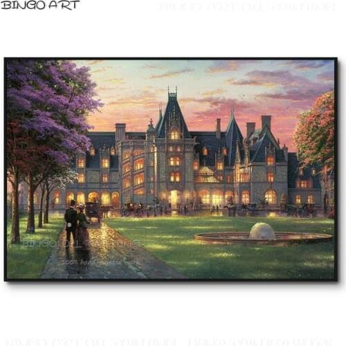 Artist Hand-painted Luxury Wall Art Walk In The Courty Thomas Kinkade Mountain Rich People Walking Manor Landscape Oil Painting