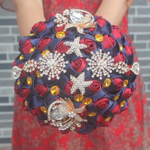 Custom Made New Vintage Bridal Bridemaids Bouquet Satin Rose Flower Crystal Rhinestone Brooch Wedding Bouquets Floral Decorative