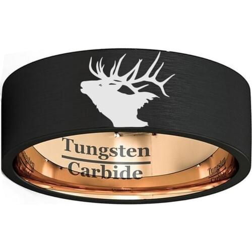 Xmas Deer Elk Animal Engraved Ring 8mm Mens Black & Rose Gold Color Tungsten Carbide Wedding Band Size 7 to 13