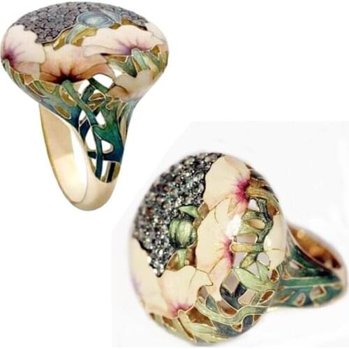 Retro Hand-painted Oil Ring for Women New Fashion Hot Selling Golden Female Banquet Rings Jewelry