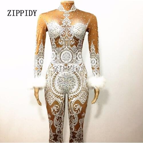Sexy White Lace Nude Rhinestone Jumpsuit Female Singer Sexy Stage Wear Bodysuit One-piece Costume Glisten Stones Stretch Outfit