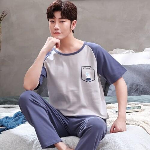 Summer Cotton Mens Pyjamas Short Sleeve Long Pants Pajamas Set Casual Male Sleepwear Night Pijama Hombre Plus Size 4XL Homewear