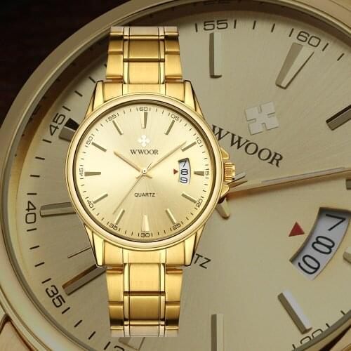 WWOOR Fashion Mens Watches Gold Stainless Steel Waterproof Quartz Watch Men Brand Luxury Clock Male Sports Free gifts watch box