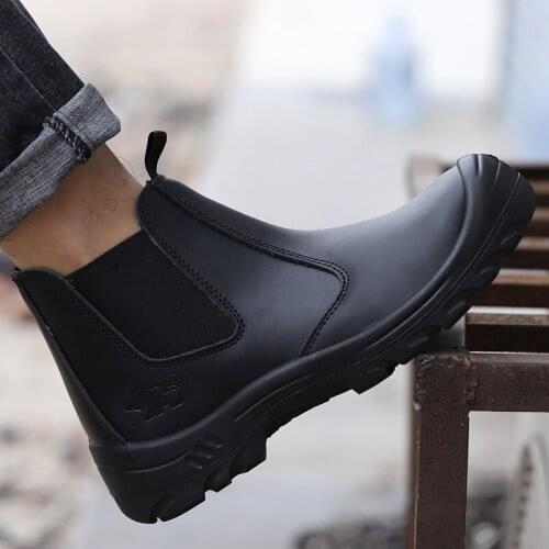 Mens fashion steel toe caps chelsea boots genuine leather work shoes worker platform safety boot black security botas hombre
