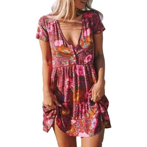 Dress V-neck Floral Printed Skin-friendly Short Buttons Casual Patchwork Beach Dress for Travel