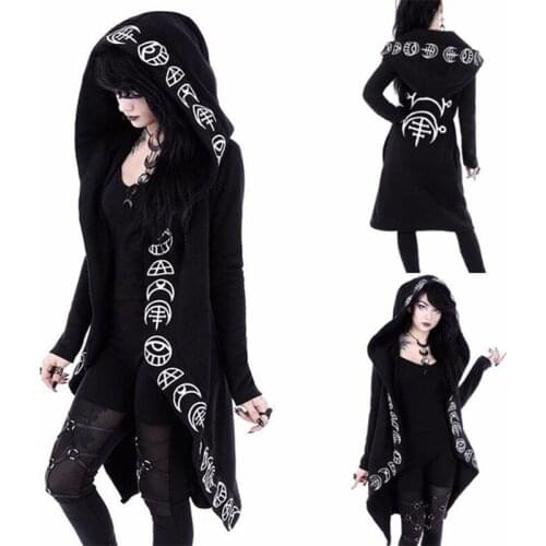 Halloween Medieval Women Plus Size 5XL Black Elegent Witchcraft Moon Occult Symbol Printing Long-Sleeve Hooded Dress Sweatshirt