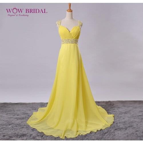 Wowbridal Graceful Yellow Long Prom Dress 2021 Pleat Sweetheart Sequin Beaded Tank Open Back with Sash Chiffon A-Line Party Gown