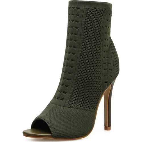 Womens Boots Green Elastic Knit Sock Boots Ladies Open Toe High Heels Fashion Kardashian Ankle Boots Women Pumps