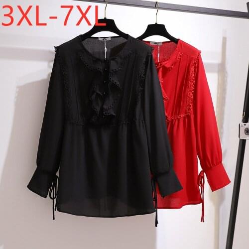 New ladies autumn winter plus size tops for women large blouse long sleeve loose ruffle black chiffon shirt 3XL 4XL 5XL 6XL 7XL