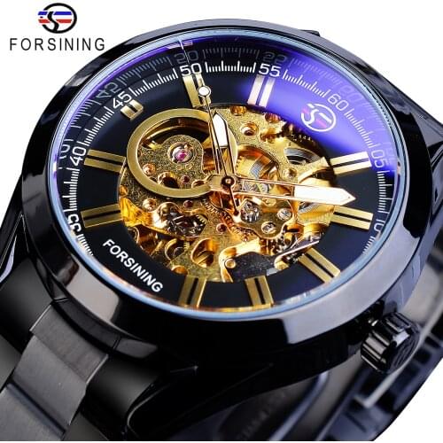 Forsining Steampunk Mechanical Watch Mens Automatic Skeleton Black Stainless Steel Belts Business Male Wristwatches Reloj Hombre