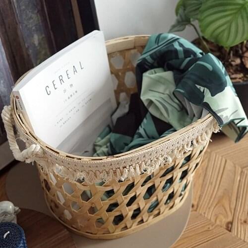 CuteLife Nordic Wood Woven Portable Storage Basket Kitchen Organizer Picnic Fruit Bread Basket Small Rattan Desktop Basket Decor