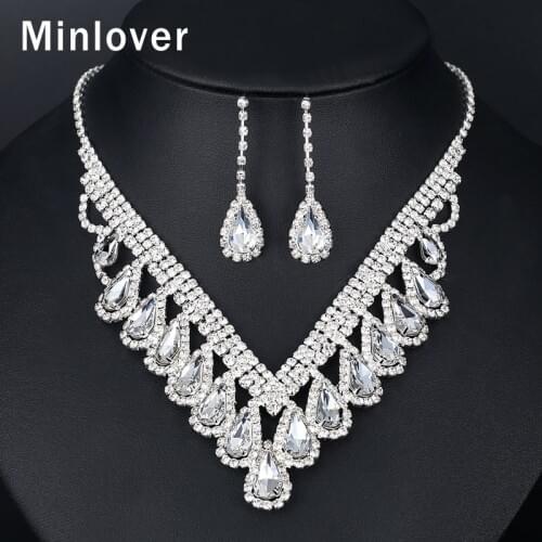 Minlover Teardrop Crystal Wedding Jewelry Sets for Women Rhinestone Link Chain Choker Bridal Necklace Drop Earrings Set MTL590