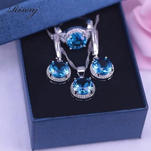 Austrian Silver Color Jewelry Set Round Lake Blue Cubic Zircon Ring Earring Necklace Set Party/Engagement Gift