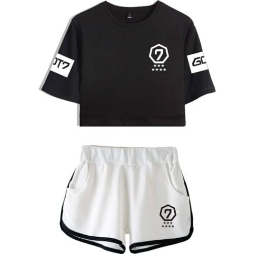 GOT7 summer cool two-piece womens print sexy style jacket and shorts suit ladies casual cotton sportswear plus size