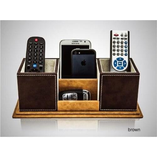 Multifunction creative wooden leather remote control pen holder cute pencil case desktop cosmetic stationery organizer desk set