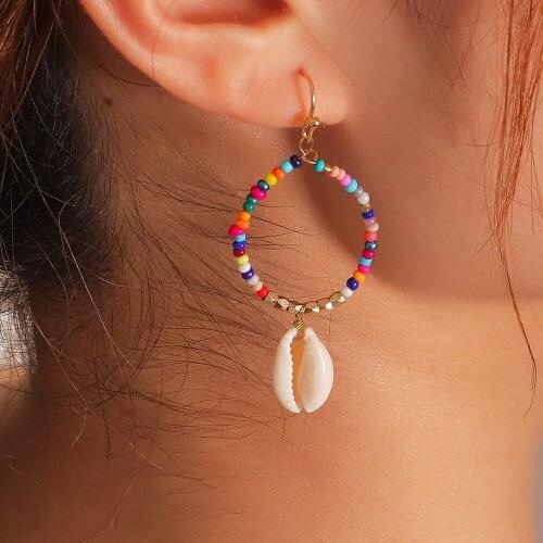 Trendy Boho Plastic Geometric Earrings Womens Bohemia Color Measle Shell Alloy Eardrop Earrings Jewelry for Girls
