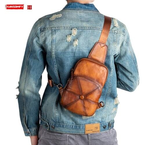 Men Chest Bag Vintage Leather Male Shoulder Messenger bag casual soft top layer leather Short Trip chest bags Pack Hat shape
