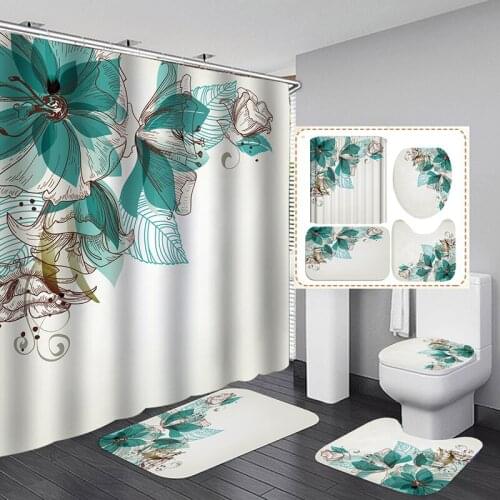 PVEA Shower Curtain Sets with Non Slip Rug Toilet Lid Cover and Bath Mats