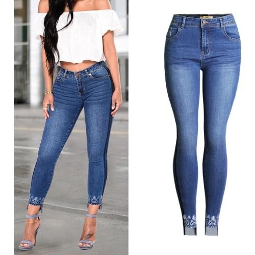 2021 Autumn/Winter New Womens Mid Waist Stretch Slim Embroidered Leg Denim Jeans Pencil Pants Plus Up Size Pants