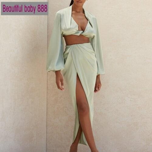 Meqeiss New Silky Satin Draped Long Sleeve Crop Top and Skirts Sexy Two Pieces Women Sets Fashion Outfits Green Matching Sets