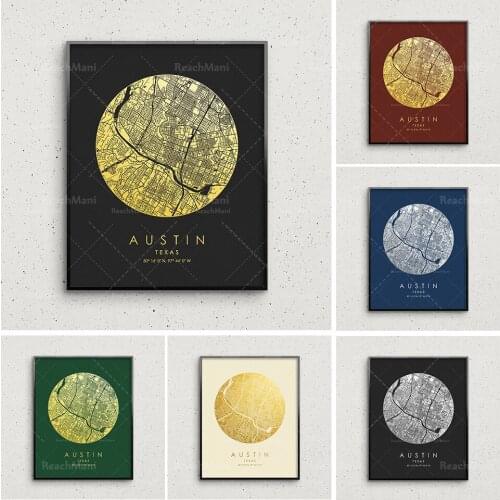 Austin map printing, gold and silver printing, Austin round city map wall art, Austin city posters, personalized gifts