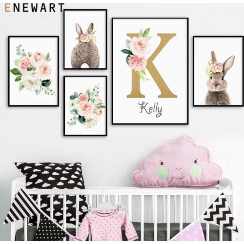 Custom Name Poster Baby Nursery Wall Art Canvas Painting Watercolor Flower Rabbit Print Nordic Girl Bedroom Decor Picture