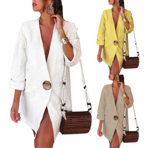 Casual Women Autumn Solid Color Long Sleeve One Button Cotton Linen Loose Blazer Ladies down coats A long cardigan for ladies