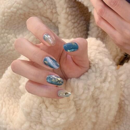 Princess of sea Ins new blue pure color with gold foil and shell 3d decorated fake nails cute bride false nails full nail tips