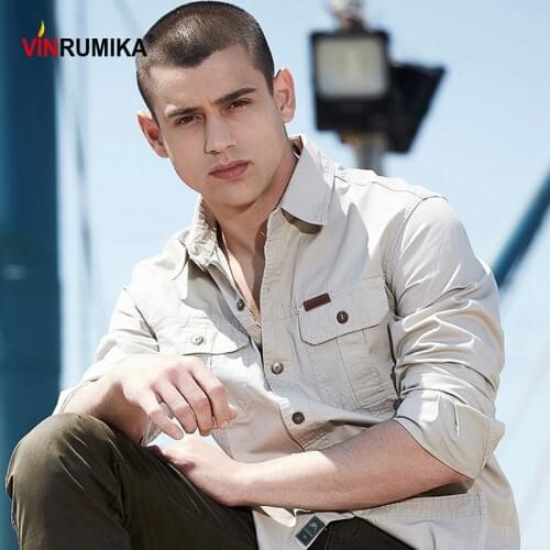 Plus Size M-6XL 2020 Europe Mens Autumn High Quality Military Casual Shirt Man spring 100% Cotton Army Khaki Long Sleeve Shirts