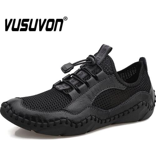 Black Sandals for Men Beach Mesh Cow Leather Outdoor Summer Casual Shoes Slip On Water Flats Big Size 38-48 Rubber Outsole
