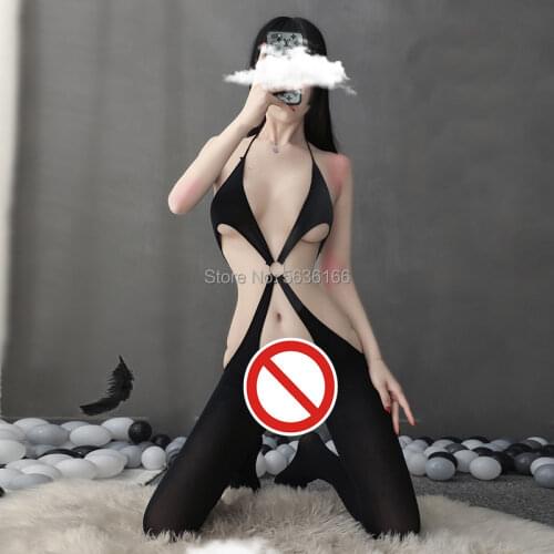 Sexy Lingerie Women Sexy Halter Black silk stockings Bodysuit Open Crotch Bodystocking Chemises Crotchless Sexy Underwear