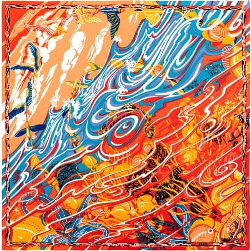 POBING Manual Hand Rolled Twill Silk Scarf Women Paisley Fish Square Scarves Echarpes Foulard Femme Wrap Bandana Hijab 90CM