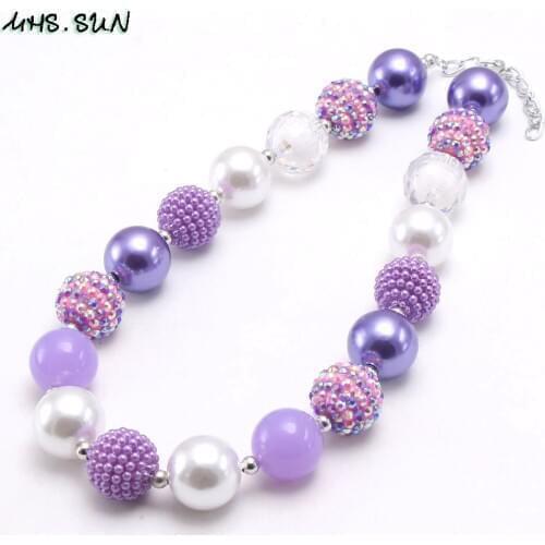 MHS.SUN Kids Girls Chunky Rhinestone Bubblegum Beaded Necklace Purple Charm Pearl Necklace Choker Jewelry For Children Gift