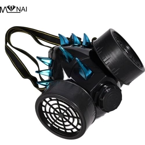 Steampunk Black Respirator 2 Canisters 1 Valve Rave Cos Blue Rivets Punk Industrial Masks Party Festival Retro Mask