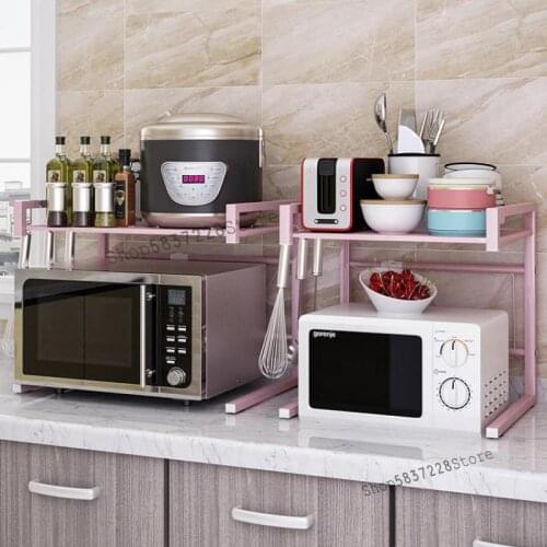 Pink microwave oven rack double-layer retractable oven rack rice cooker storage countertop household kitchen rack