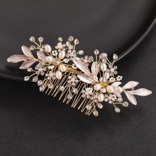 Light Gold Color Pearl Rhinestone Leaf Hair Comb Hair Jewelry Women Wedding Accessories Beautiful Comb Hair Accessories For Wome