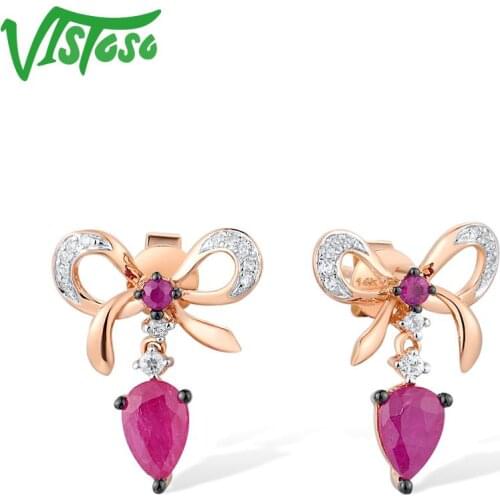 VISTOSO 14K 585 Rose Gold Stud Earrings For Women Sparkling Natural Ruby Diamond Elegant Bow-knot Trendy Party Gift Fine Jewelry