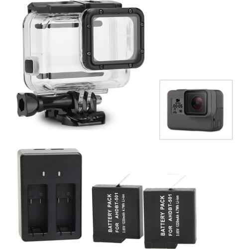 45M waterproof diving shell + battery charger + 2Pcs rechargeable battery for GoPro Hero7 6 5 black Camera accessories
