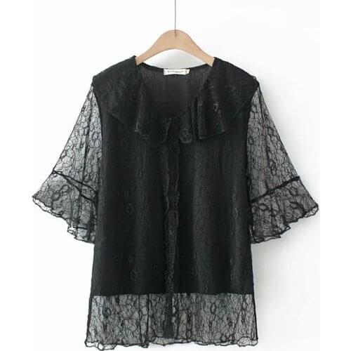 Plus size lace dobby women butterfly sleeves blouse 2021 new summer casual ladies black cream color shirts female tops