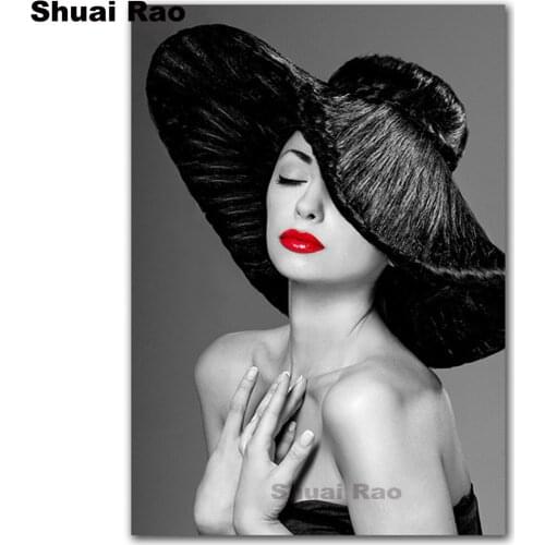 Red Lips hat lady Full square round diy 5d diamond painting fashion woman paintings diamant mosaic cross stitch embroidery