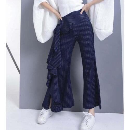 YLO STOCK2020 Womens Fashion Trousers Stacked pile sense asymmetric stripe Flare pants 18081-60