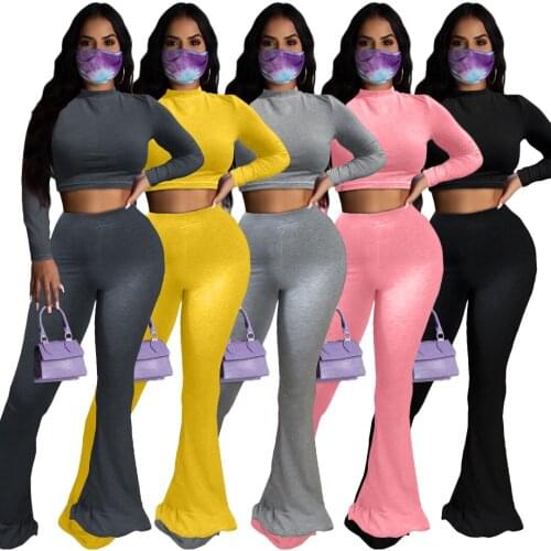 Echoine Sports Casual Womens Two-Piece Set Solid Color O-Neck Long Sleeve Crop Tops Long Flare Pants Female Jogger Tracksuits