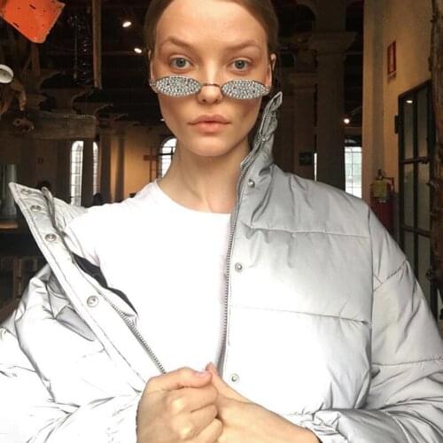 OMSJ Silver 2019 Winter Women Fashion Reflective Zipper Solid Color High Neck Long Sleeve Female Casual Warm Thicken Long Coat