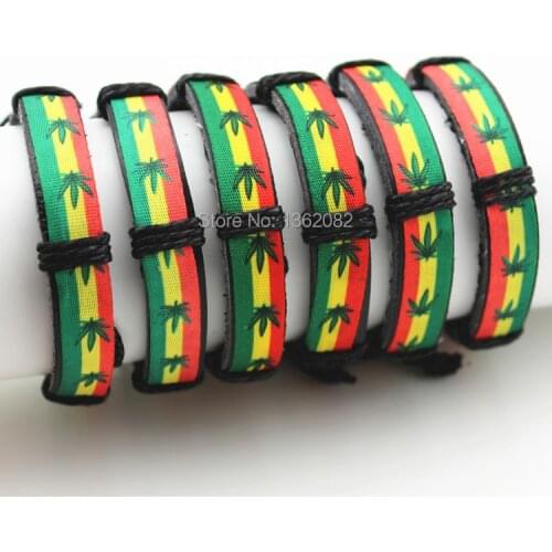 12pcs Handmade Braided Fashion Red Yellow Green Weed Lucky Leaf Design Leather Bracelets Surfer Bangle Gift MB93